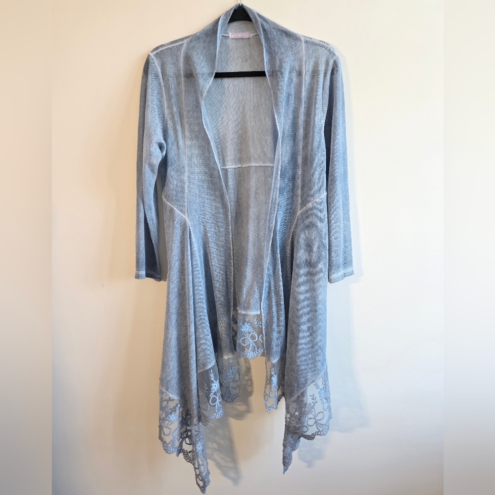 Made In Italy - Gray Open Front Sheer Lace Mesh Cardigan With Lace Trim -